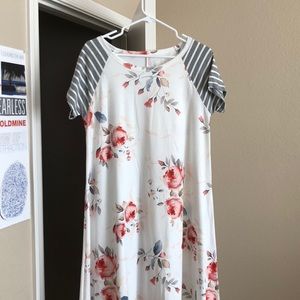 White floral dress with striped sleeves